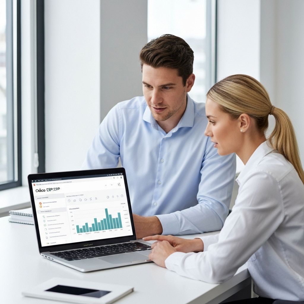 Business professionals reviewing Odoo ERP dashboard on laptop