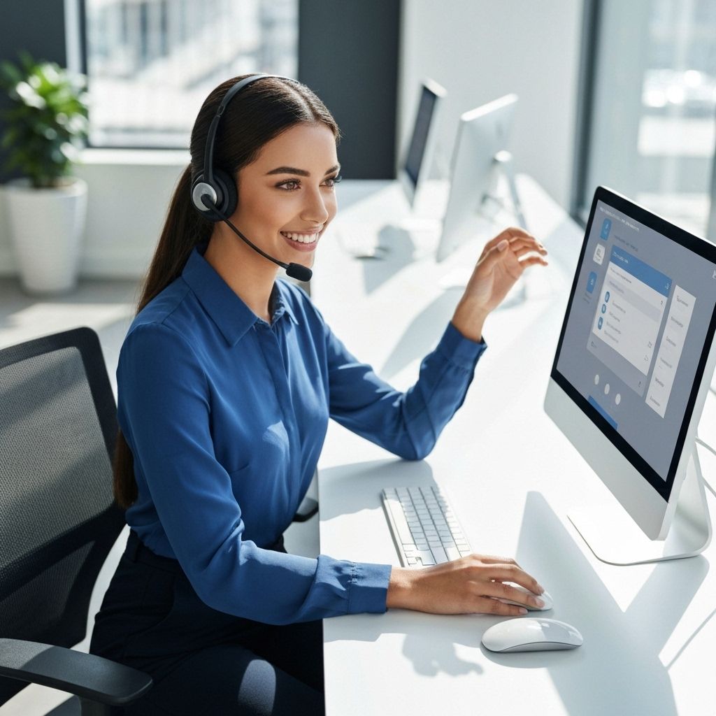 Customer service representative using AI software with headset