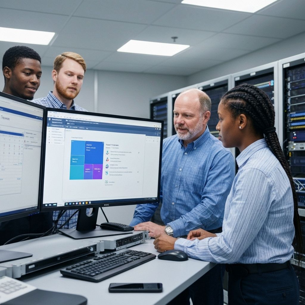 IT team reviewing Microsoft Teams deployment on large monitor