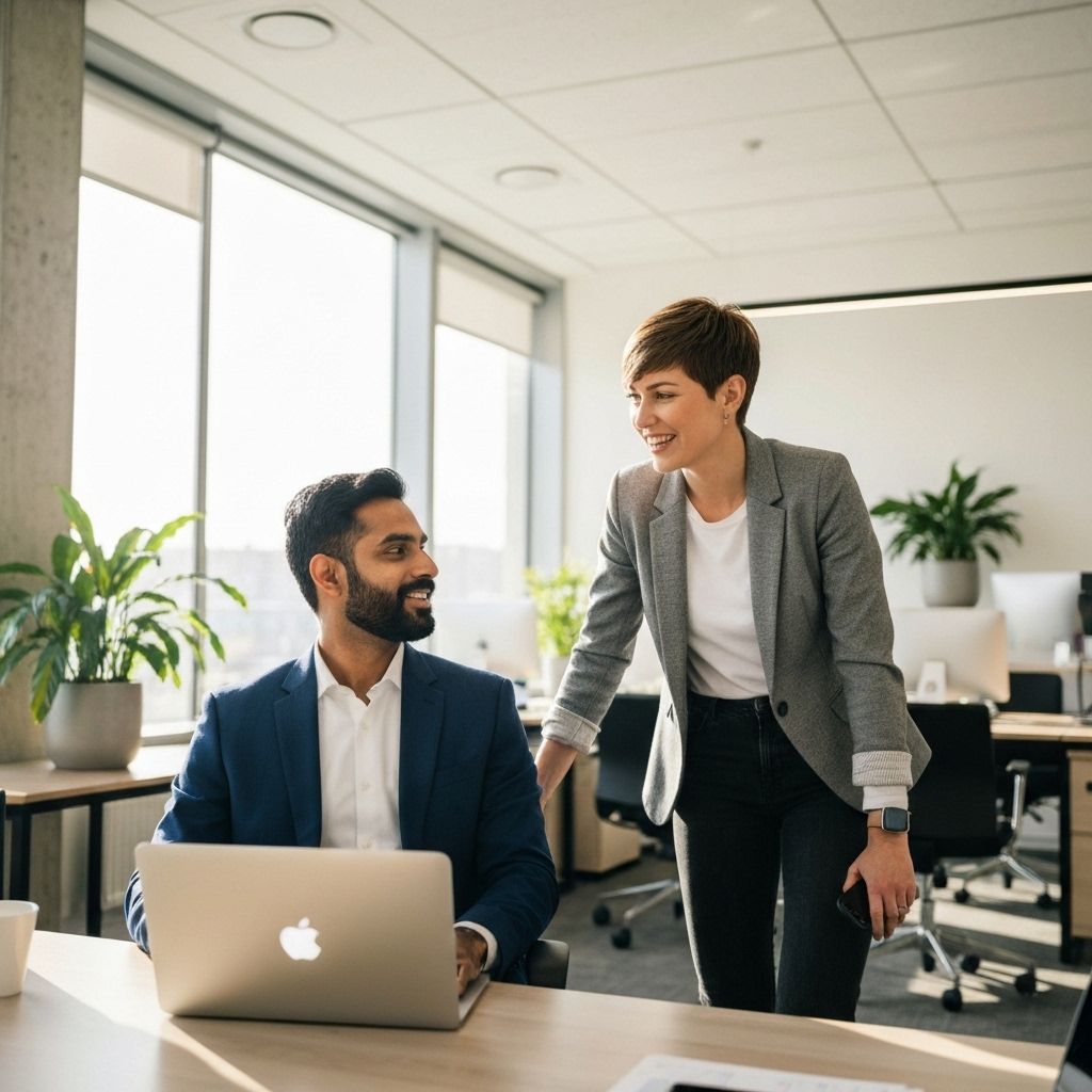 Two business professionals in animated conversation in modern office