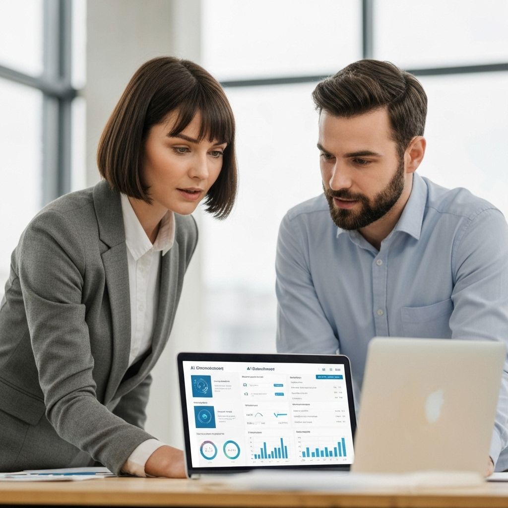 Two professionals reviewing AI dashboard on laptop in bright office