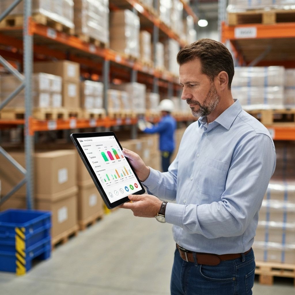 Warehouse manager using tablet with IoT dashboard showing inventory