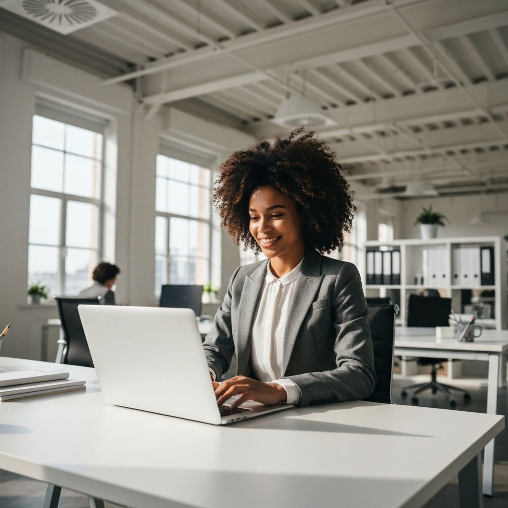 Woman working on laptop in modern office, smiling